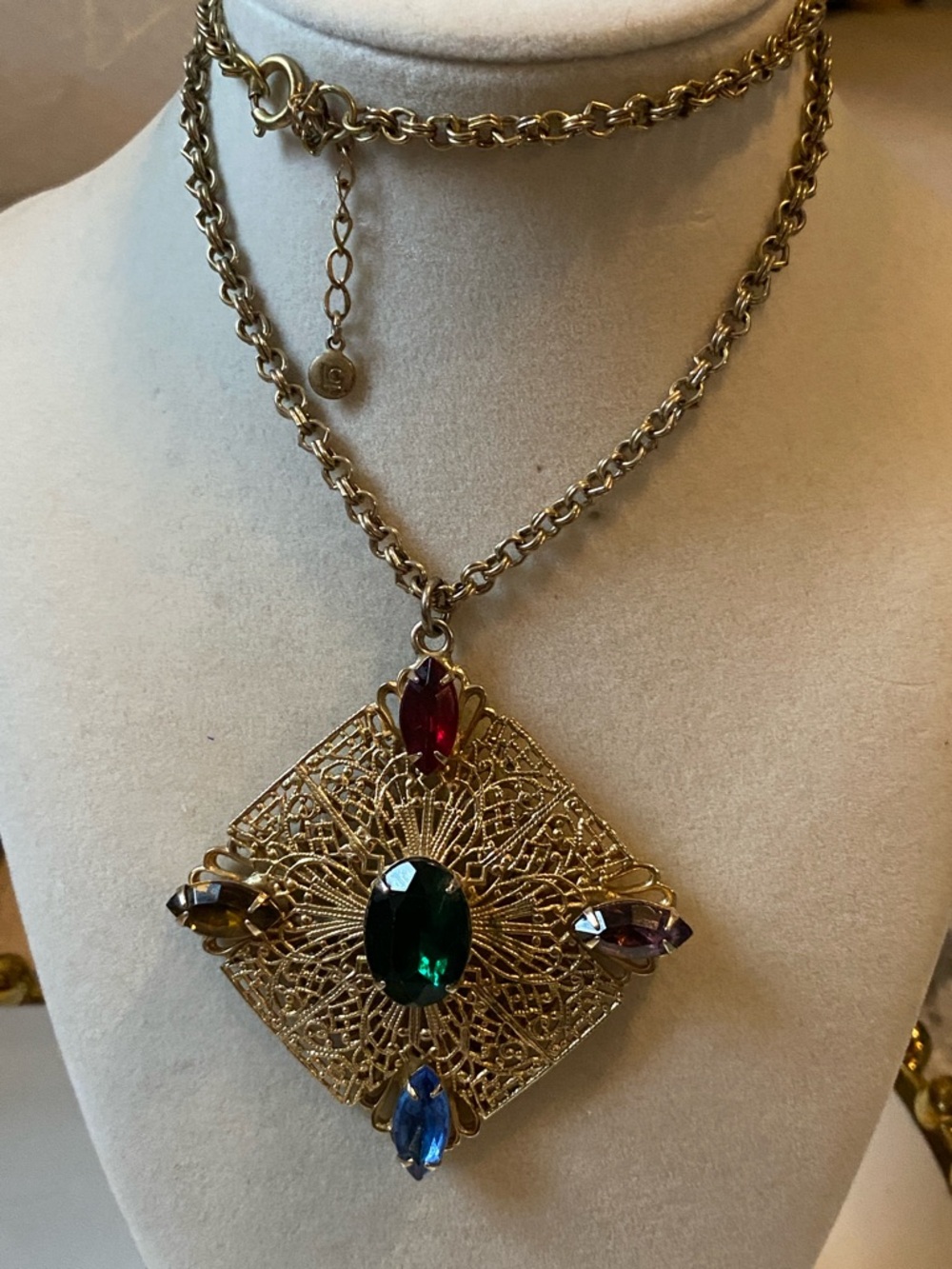 Liz Claiborne Gold Filigree Pendant Necklace with Green, Red, Blue Rhinestone